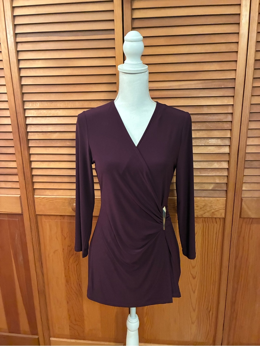 Anne Klein Deep Plum Faux-Wrap Long Sleeve Top
